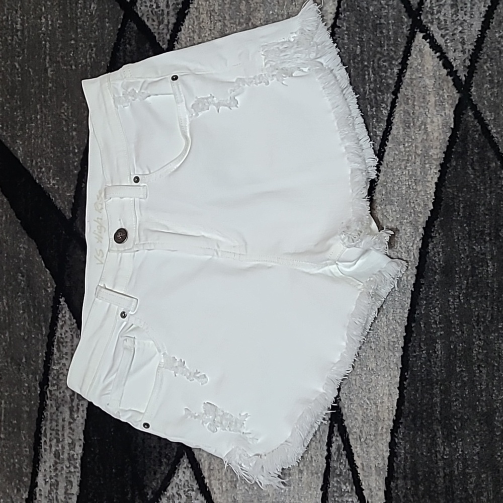 VINTAGE VICTORIA SECRET DISTRESSED RAW-EDGE HIGH-WAISTED WHITE DENIM JEAN SHORTS